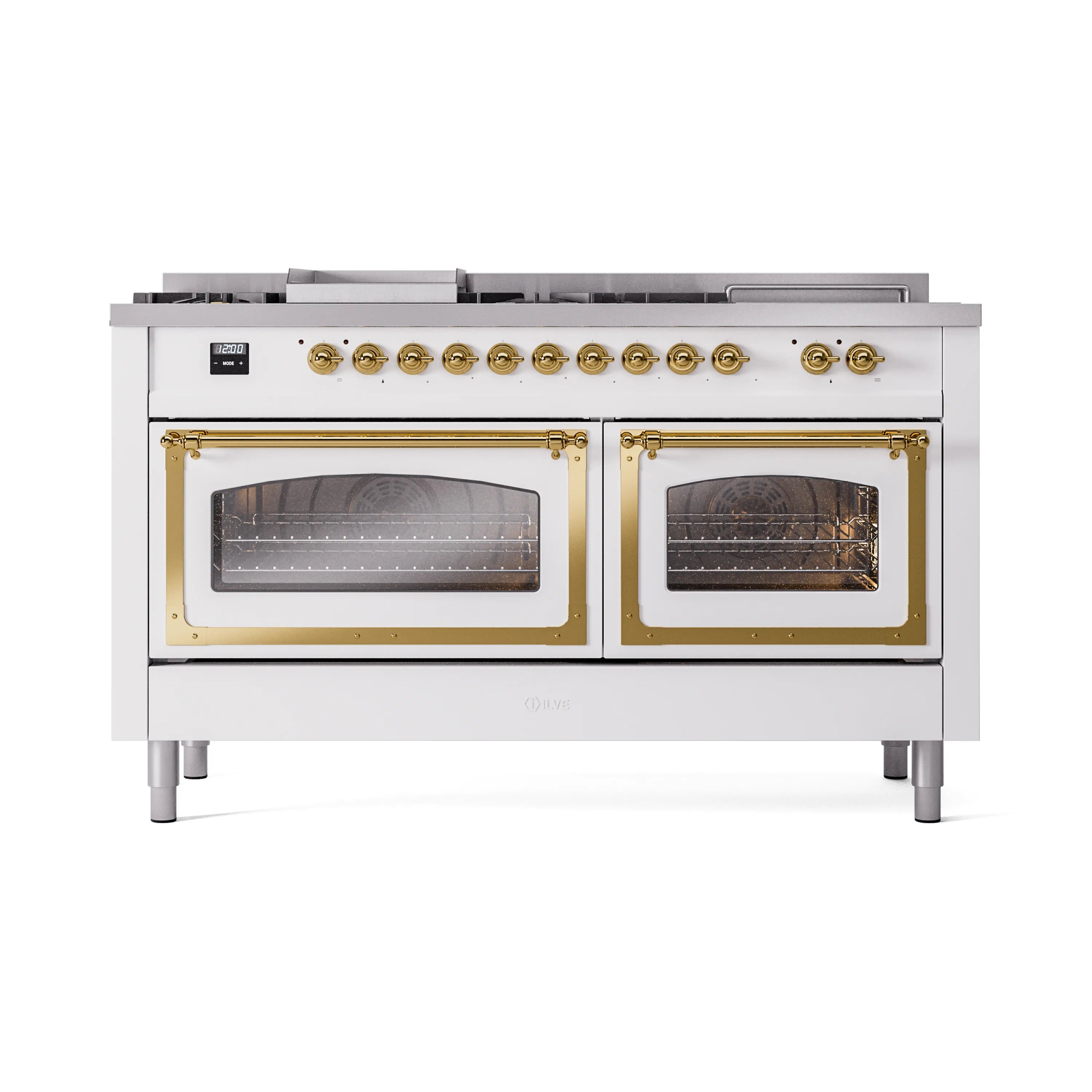 White range with brass-trimmed dual ovens; front panels show closed oven doors