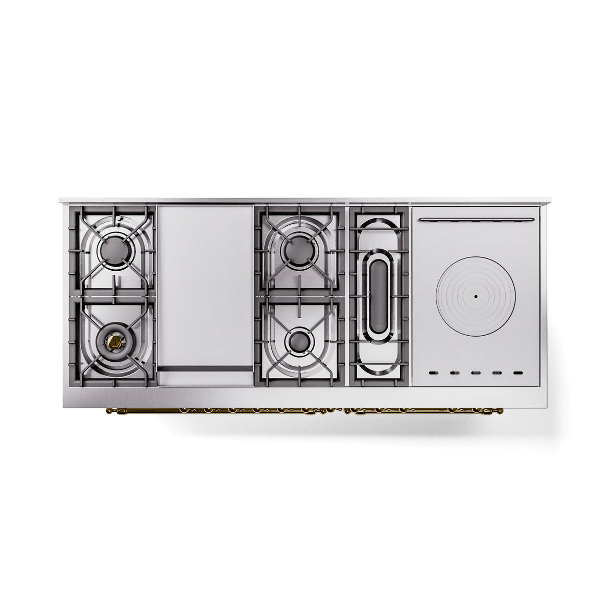 Underside view of white dual-fuel range showing burner and oven components