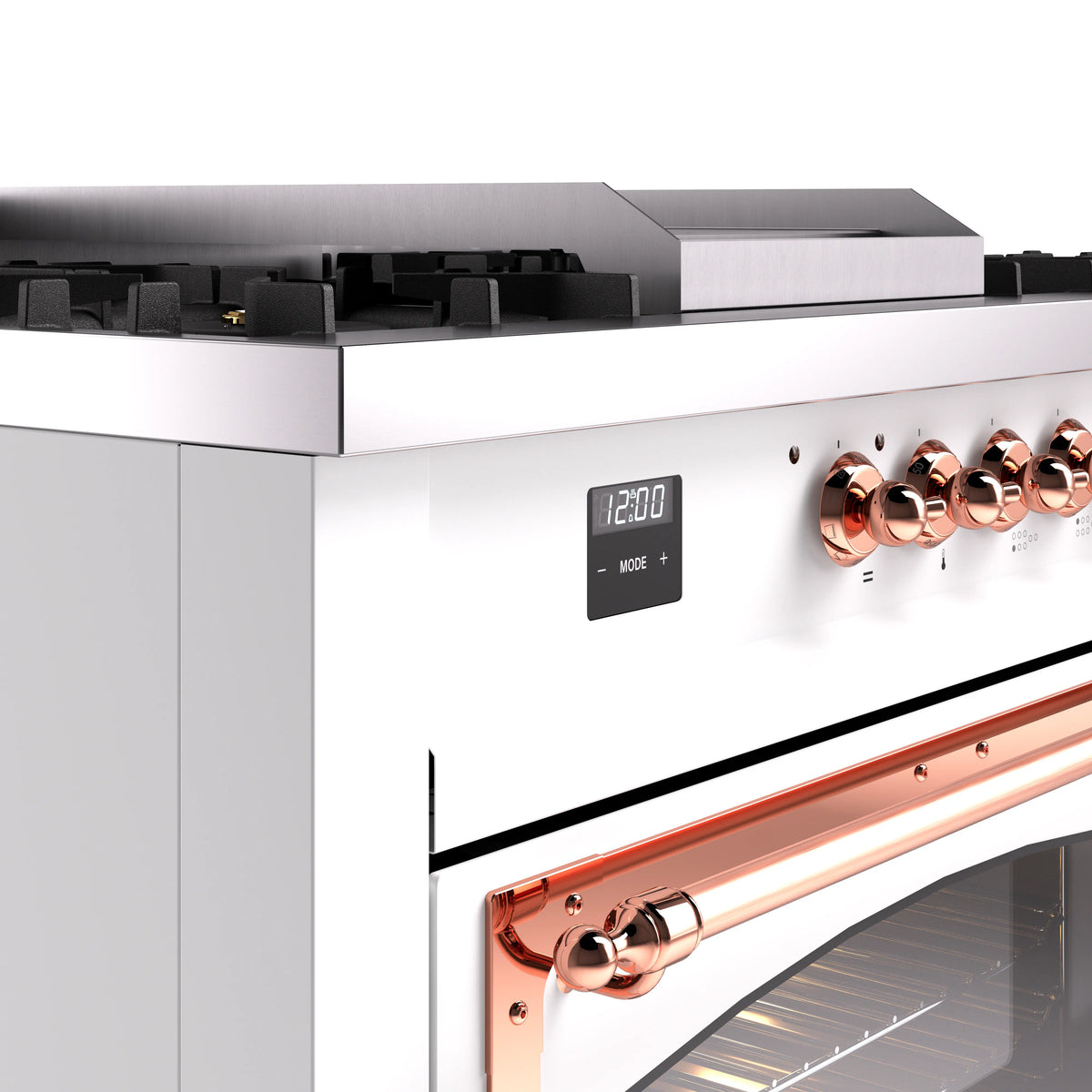 Dual fuel range control panel with copper knobs and digital display, white front surface