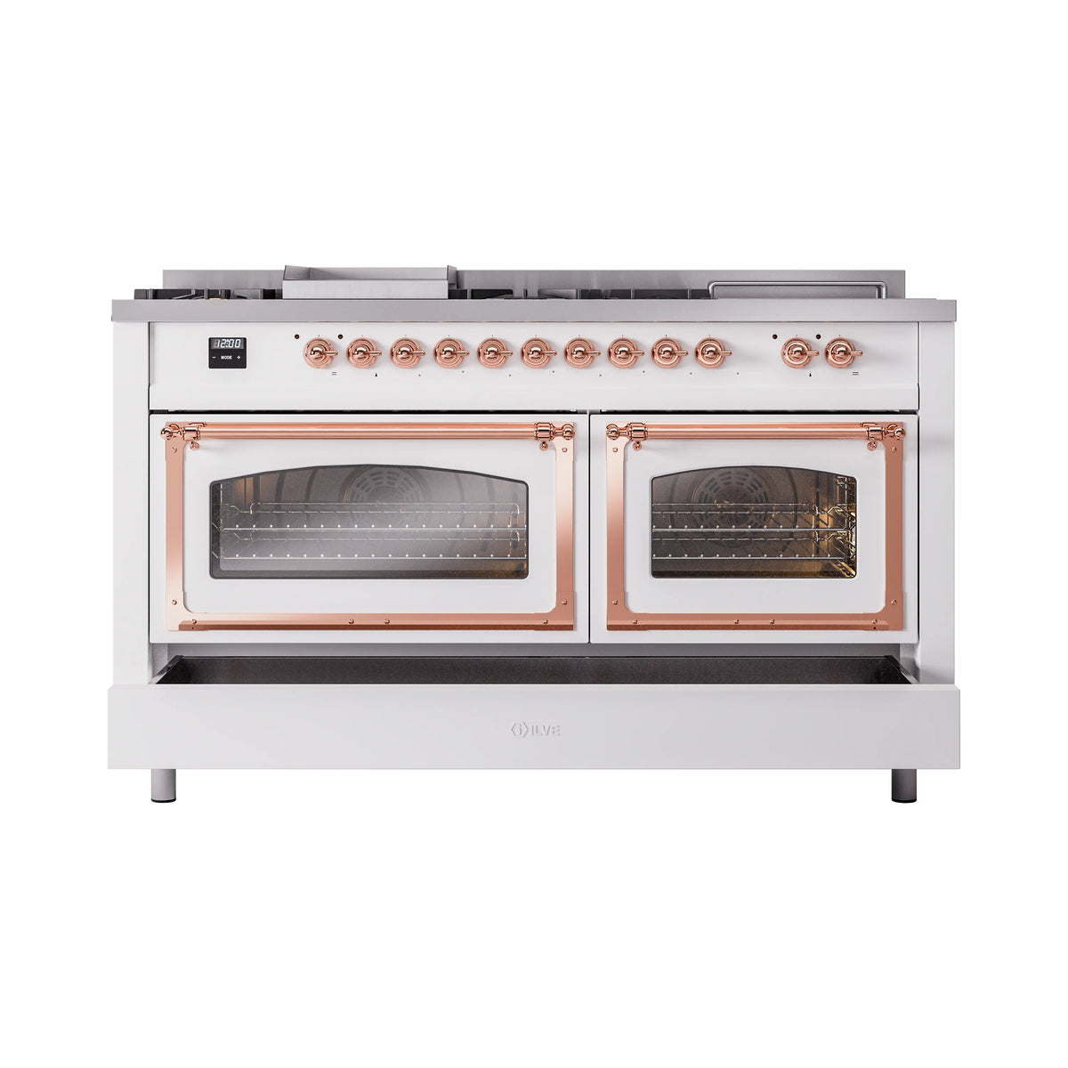 White dual oven range with triple glass doors and copper-trimmed controls