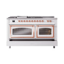 ILVE 60-Inch Nostalgie II Noblesse Natural Gas Dual Fuel Range with 7 Sealed Burners, Griddle, French Top, and Triple Glass Door Oven in White with Copper Trim (UN60FSNMPWHP)