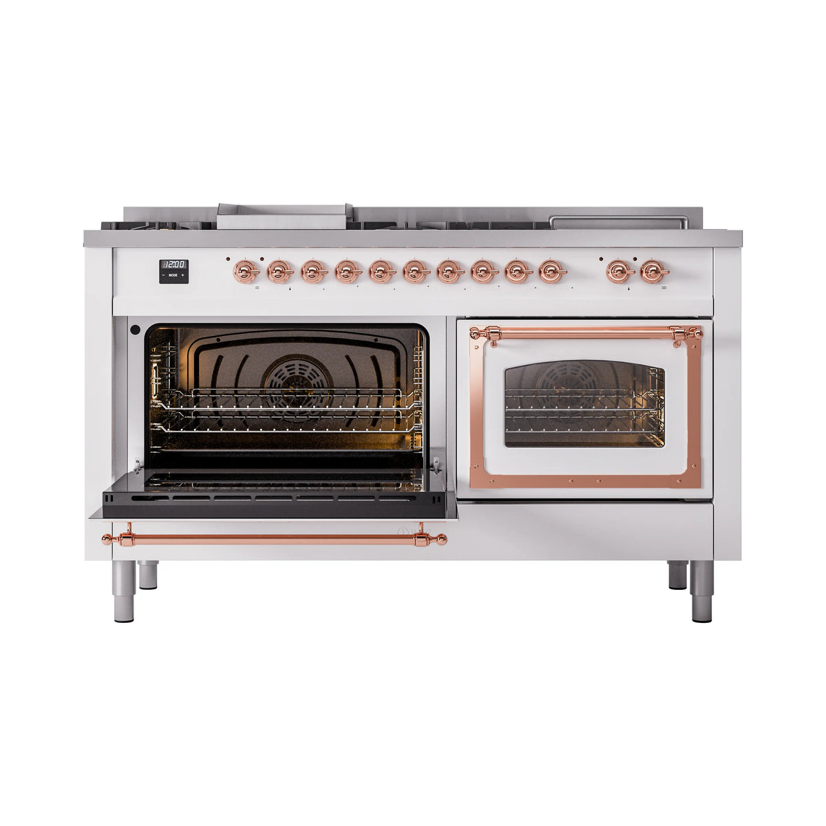 White dual oven range with one oven door open showing bake cavity and rack