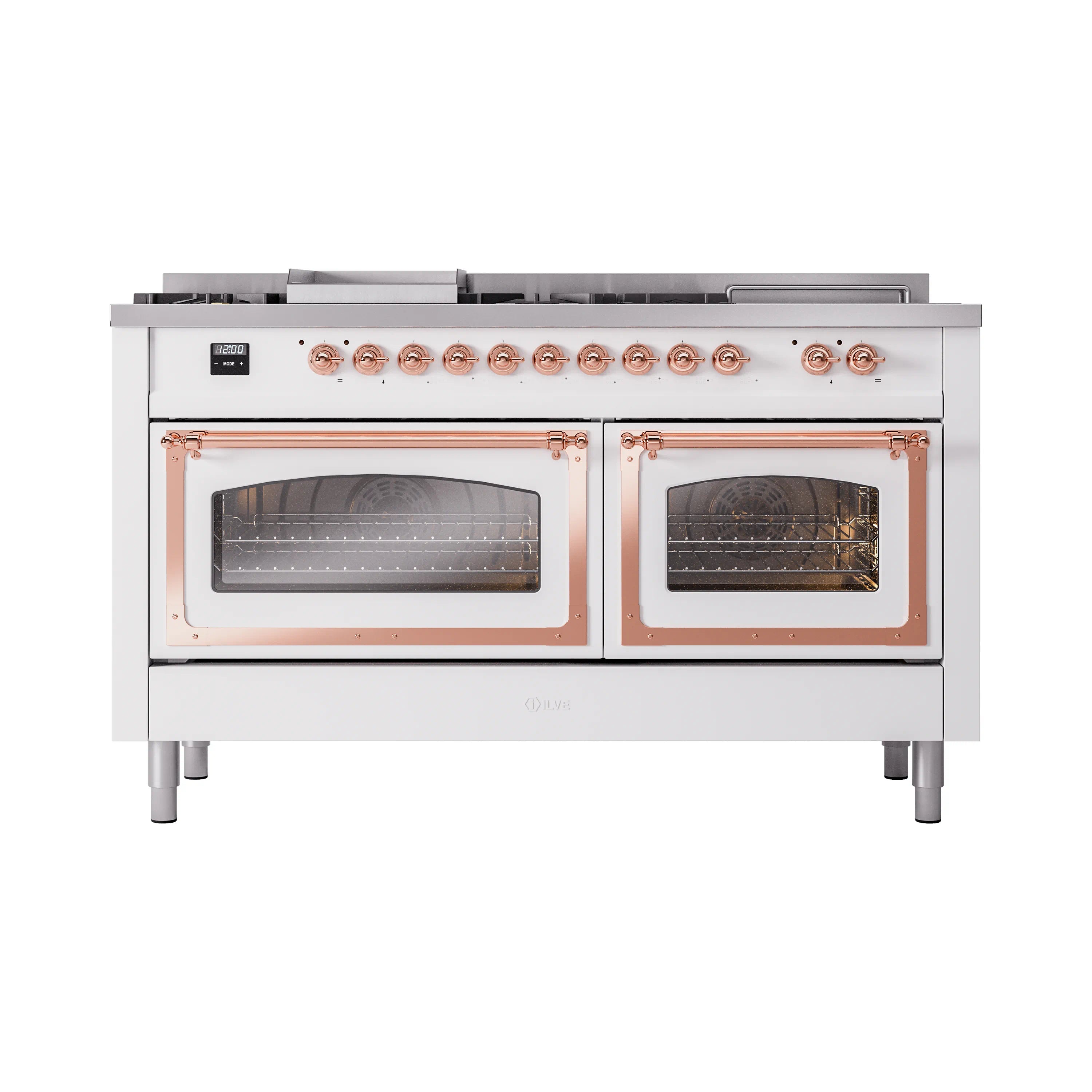 White dual fuel range with copper-trim oven doors open, two viewing windows and dark racks