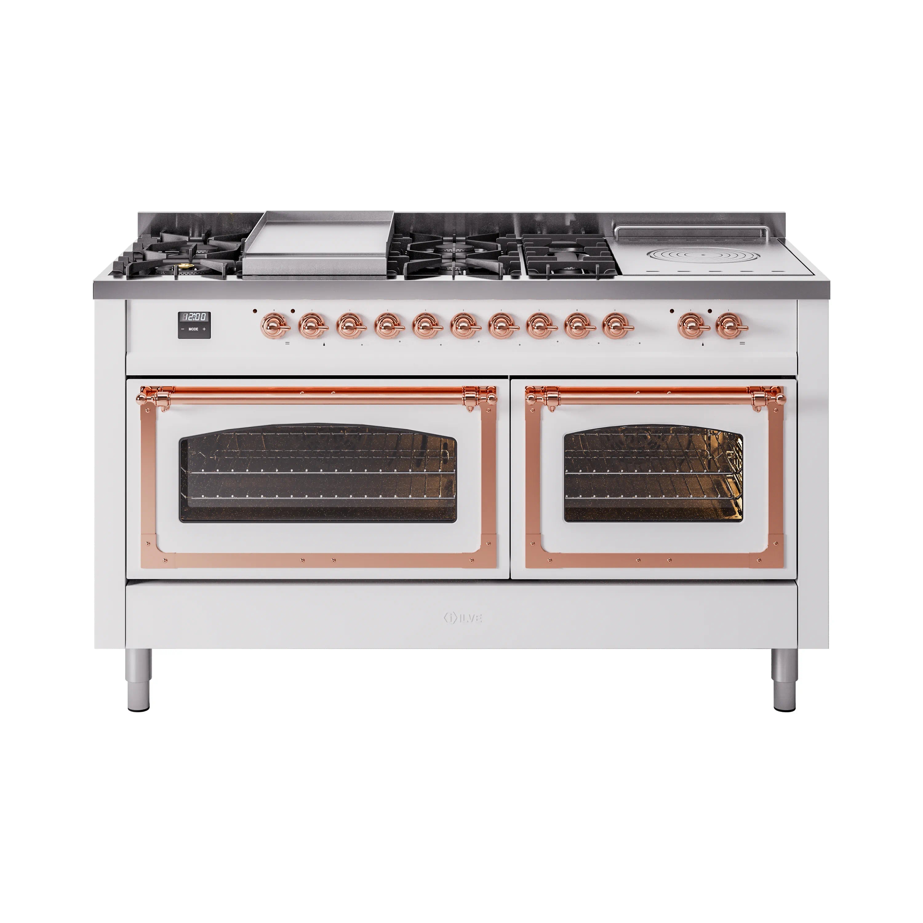 White dual fuel range with copper-trim oven doors open, showing two dark oven interiors