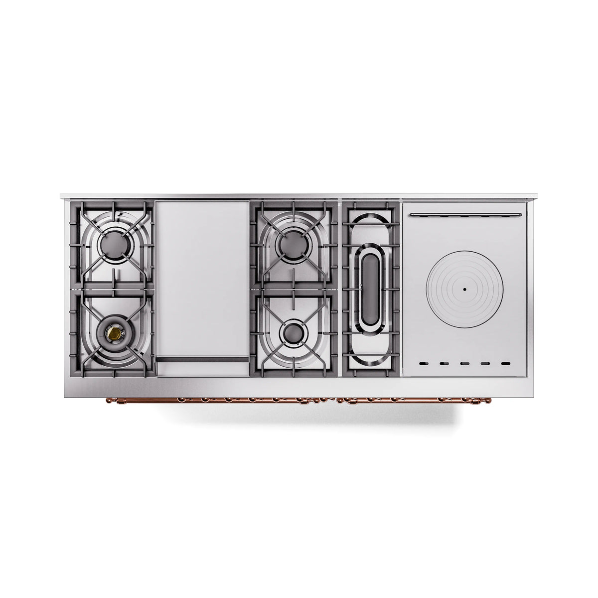 White dual fuel range with copper-trimmed burners, griddle, and French top section