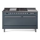 ILVE Professional Plus II 60-Inch Natural Gas Dual Fuel Range with 7 Burners, Griddle, & French Top with Solid Door Oven in Blue Grey (UP60FSQMPBG)