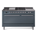ILVE Professional Plus II 60-Inch Propane Gas Dual Fuel Range with 7 Burners, Griddle, & French Top with Solid Door Oven in Blue Grey (UP60FSQMPBGLP)
