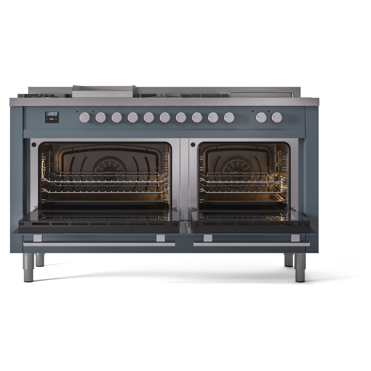 ILVE blue grey dual fuel range with both ovens open, showing racks and warm interiors