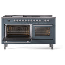 ILVE Professional Plus II 60-Inch Natural Gas Dual Fuel Range with 7 Burners, Griddle, & French Top with Solid Door Oven in Blue Grey (UP60FSQMPBG)