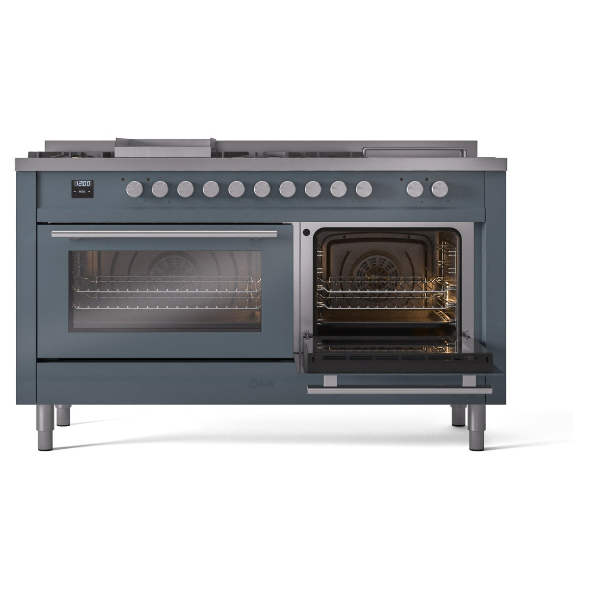 ILVE blue grey dual fuel range front view with right oven open and left oven partially open