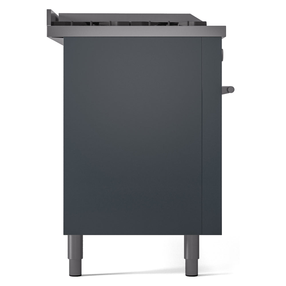 ILVE blue grey dual fuel range rear view with vented panel and side connection points