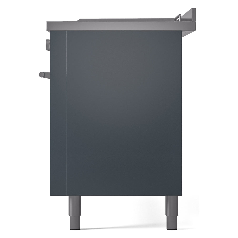 ILVE blue grey dual fuel range side view showing access side panel and adjustable legs