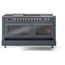 ILVE Professional Plus II 60-Inch Natural Gas Dual Fuel Range with 7 Burners, Griddle, & French Top with Solid Door Oven in Blue Grey (UP60FSQMPBG)