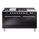 ILVE Professional Plus II 60-Inch Natural Gas Dual Fuel Range with 7 Burners, Griddle, & French Top with Solid Door Oven in Glossy Black (UP60FSQMPBK)