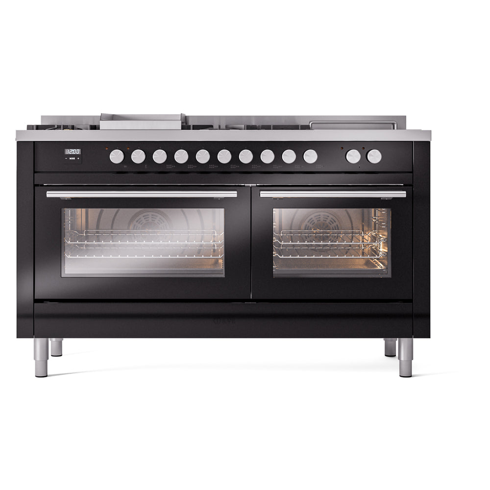 Glossy black dual fuel range with both oven windows glowing; top control knobs visible