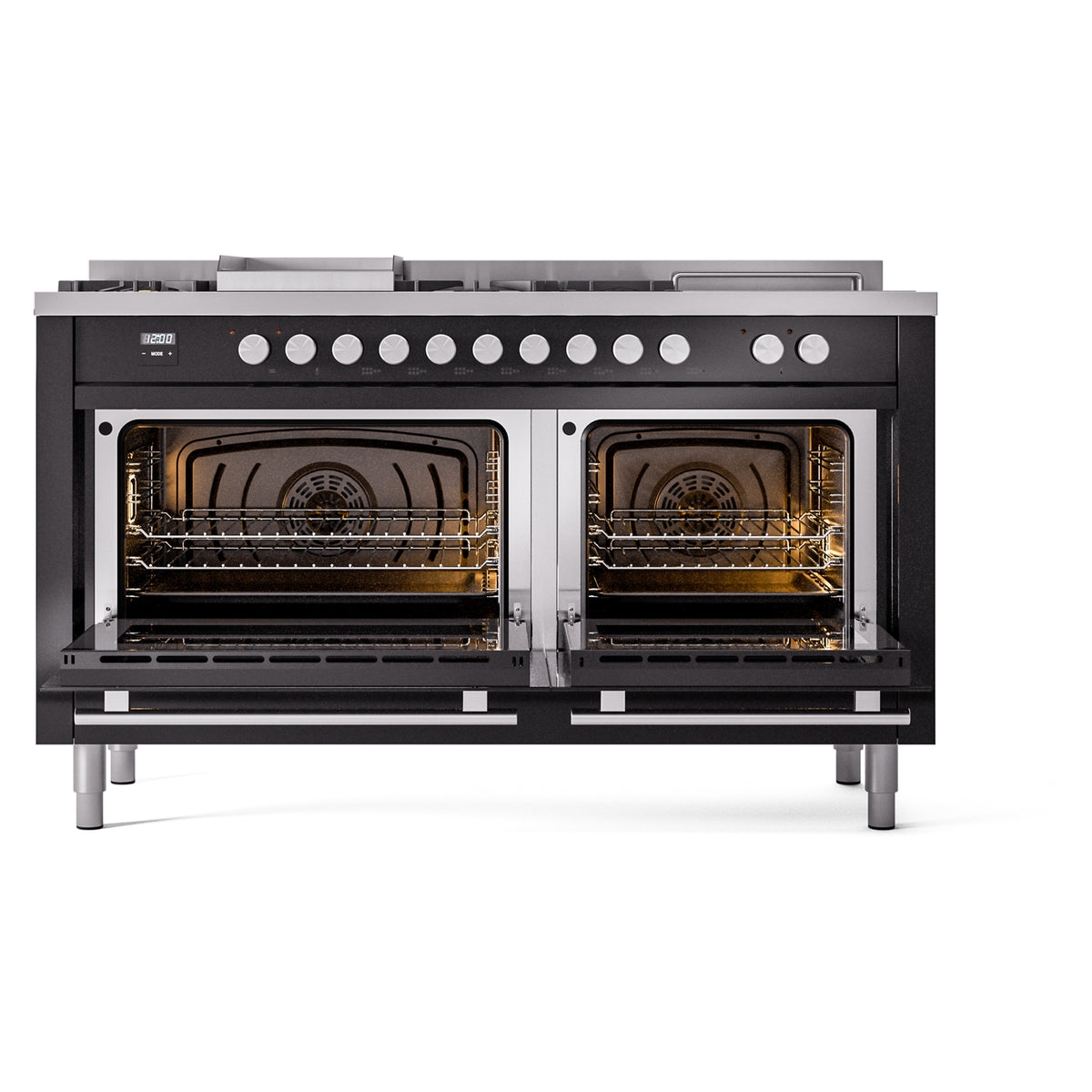 Glossy black dual fuel gas range with both oven doors open, showing racks inside