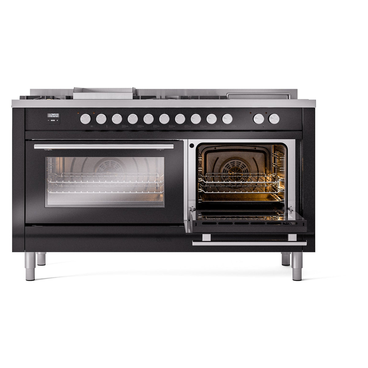 Glossy black dual fuel range with left and right oven doors open, showing heating elements