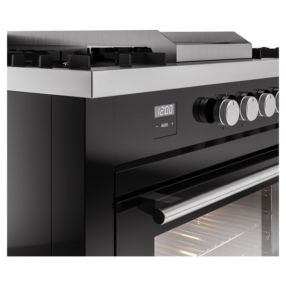 Side view of glossy black dual fuel gas range with clock display and oven door