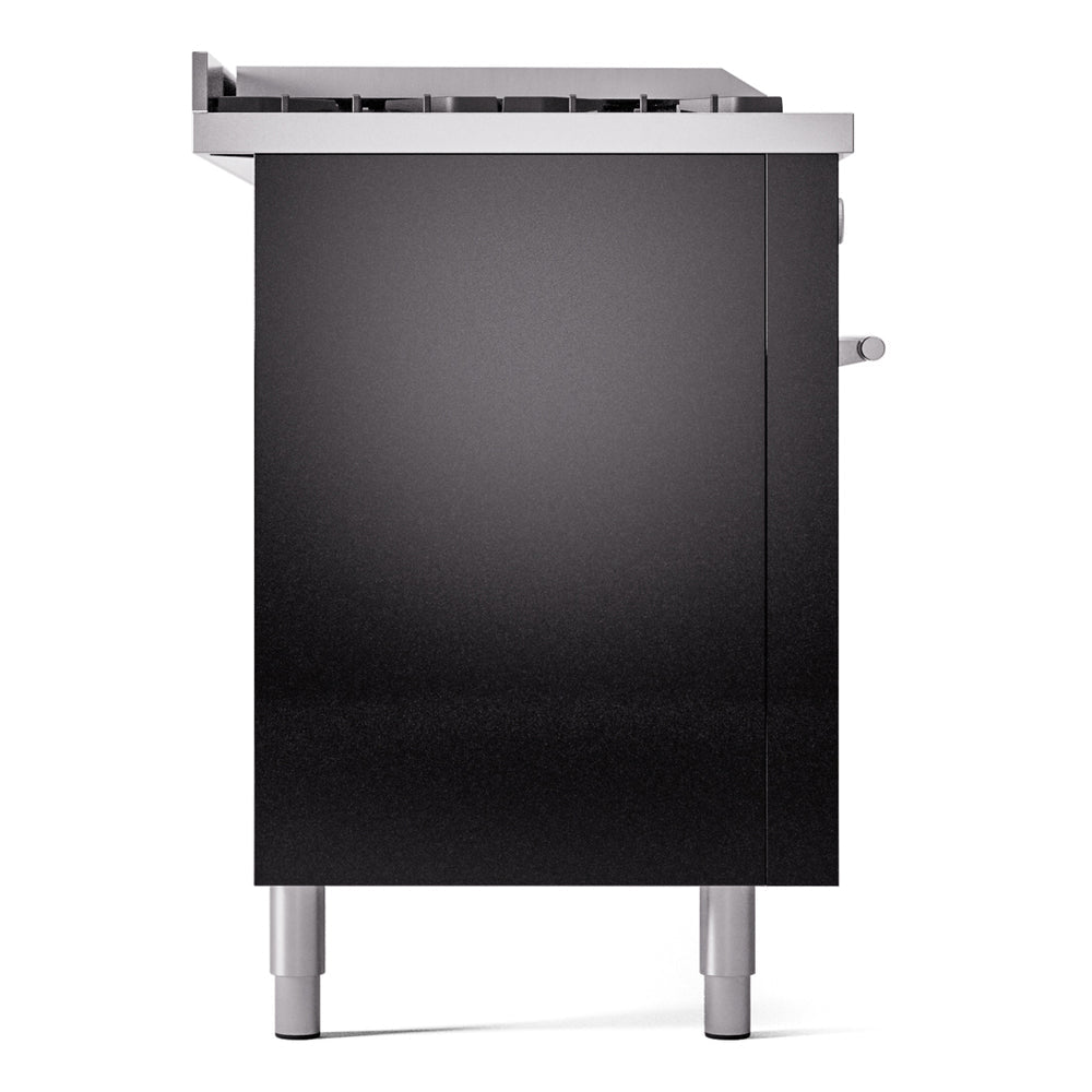 Glossy black range side panel with recessed door and side handle; standing legs