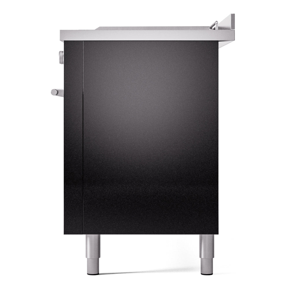 Glossy black range body with side compartment door closed and stainless support feet
