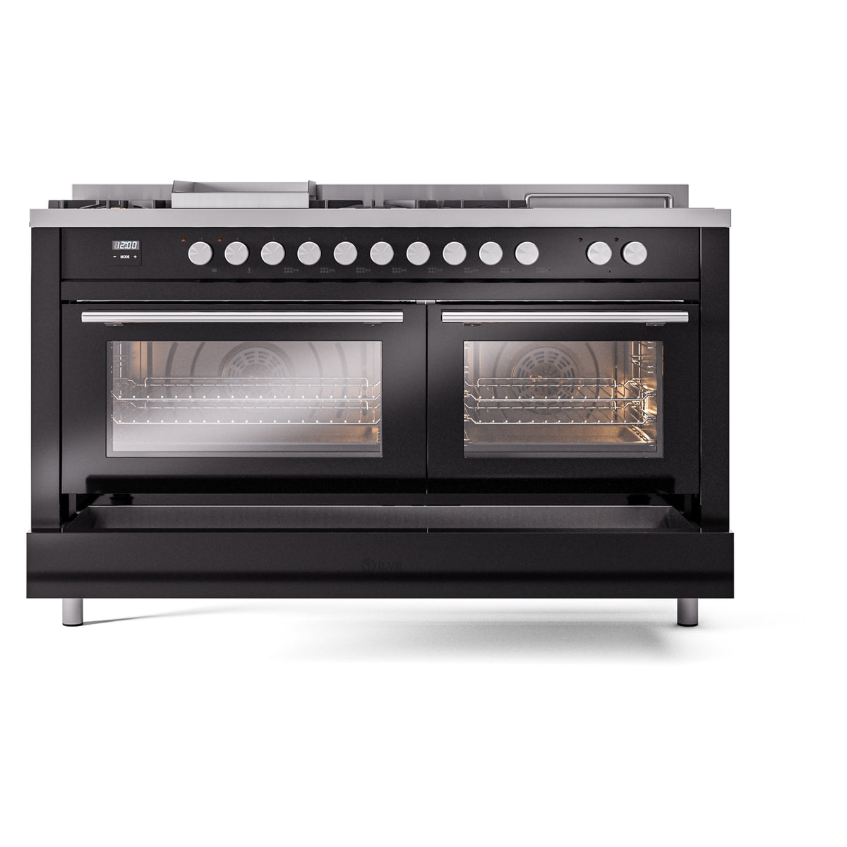 Front view of glossy black dual fuel gas range with two lit ovens and knobs