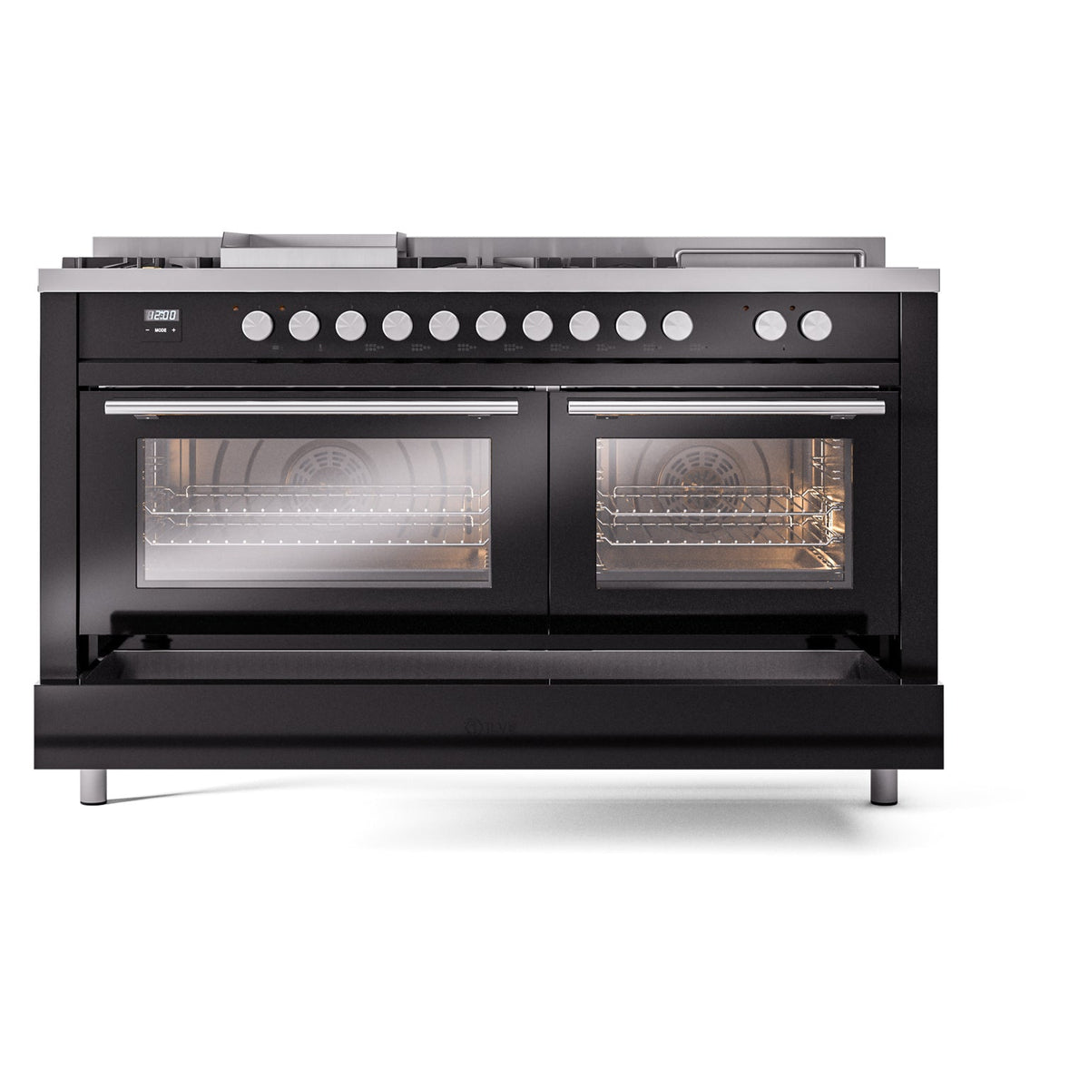 Glossy black dual fuel range front view with oven windows and control knobs