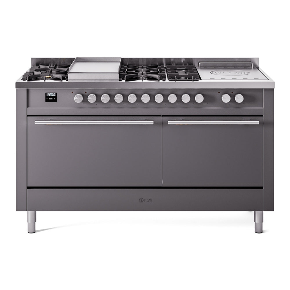 Matte graphite dual fuel gas range with burners, griddle, French top, and two solid oven doors