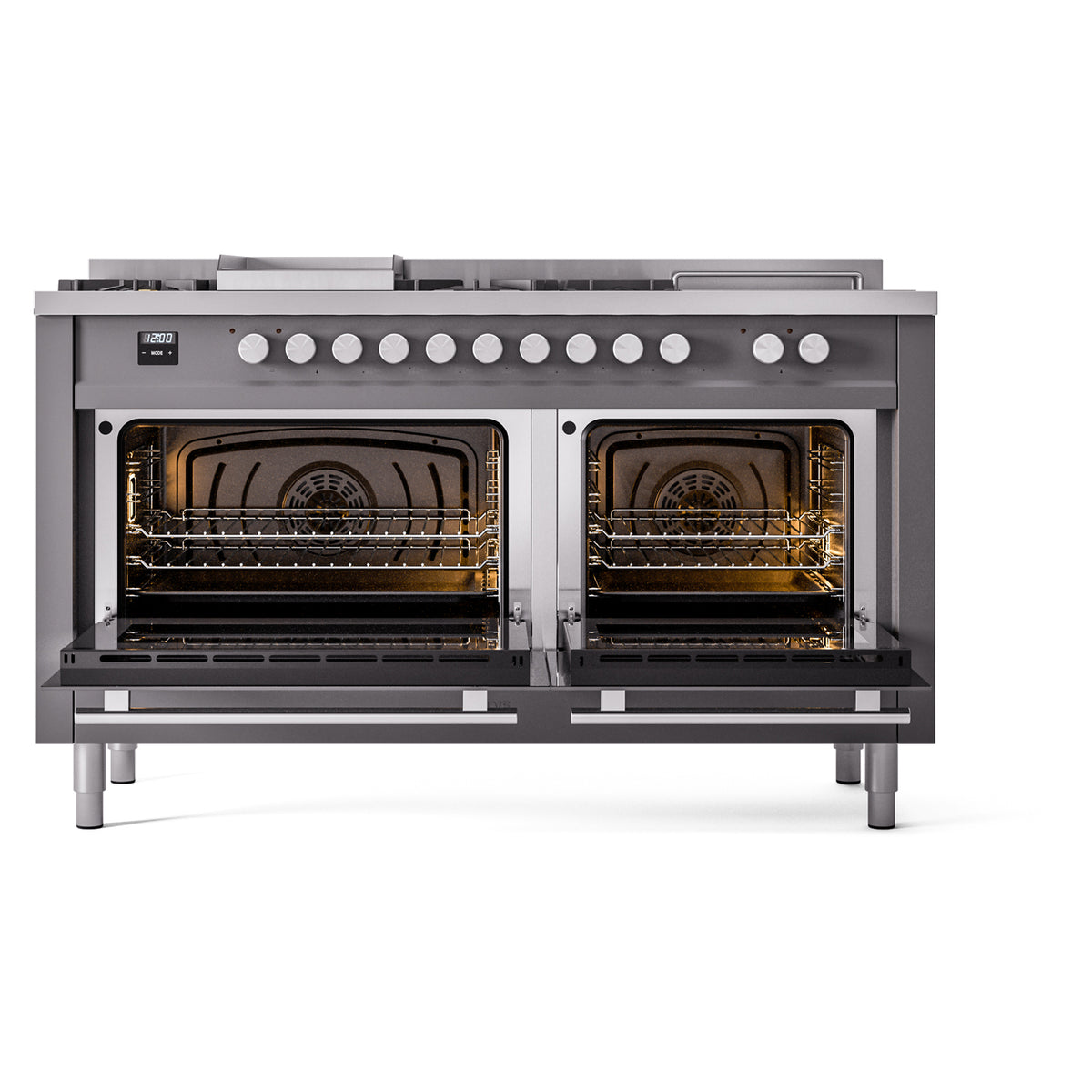 Matte graphite range with both oven doors open, showing oven interiors and racks