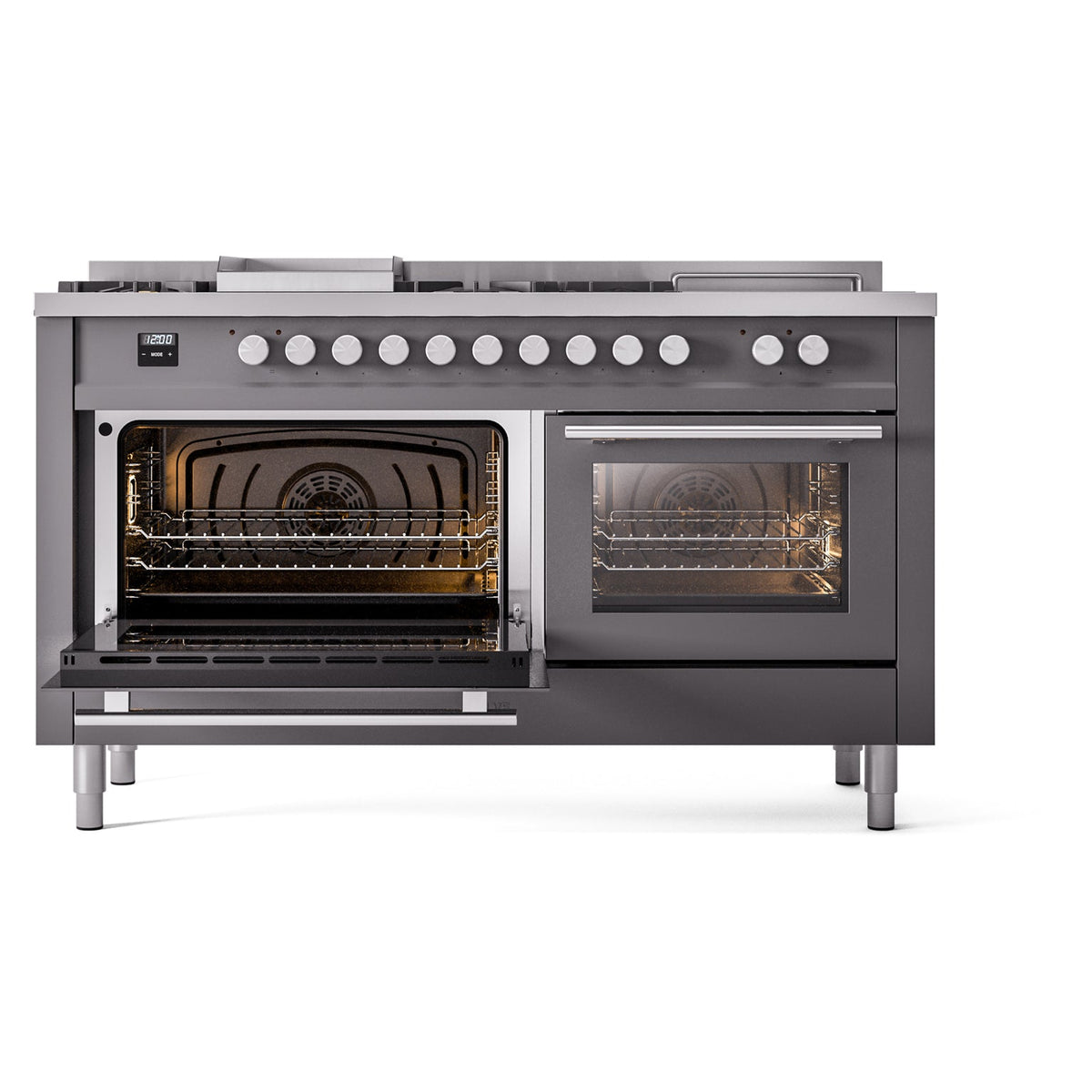 Matte graphite dual fuel range with left and right ovens open, showing heating elements
