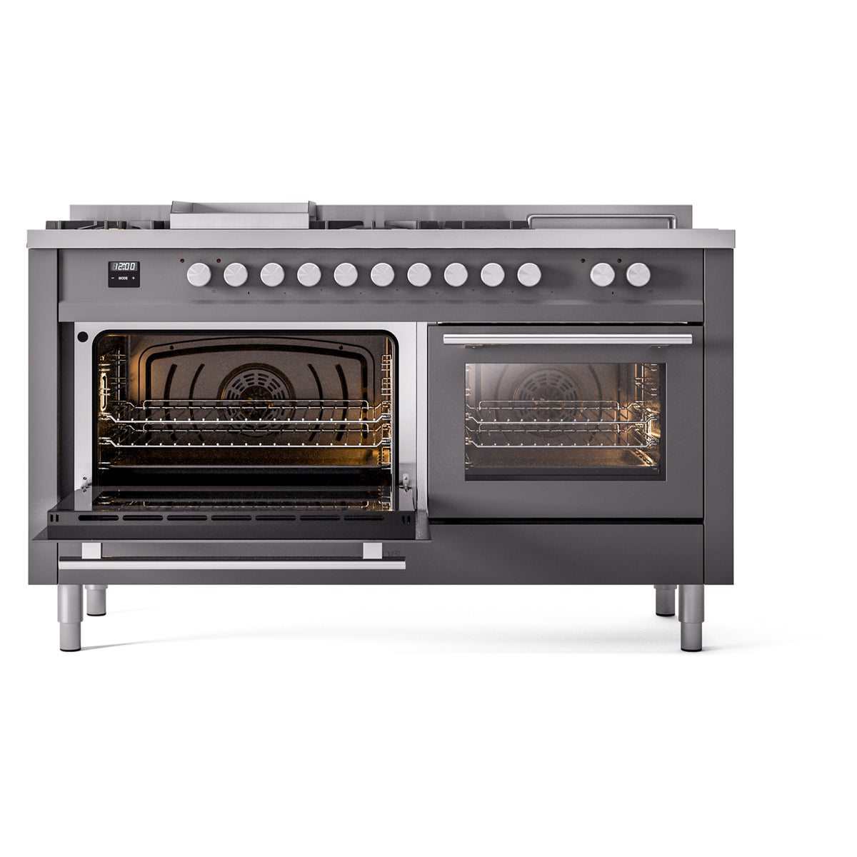 Matte graphite range angled view with both oven doors open, showing oven interiors