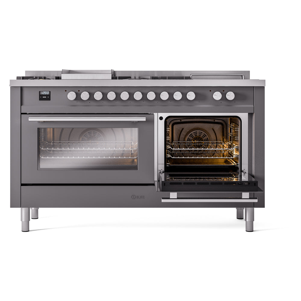 Matte graphite range with left oven door open and right oven door closed