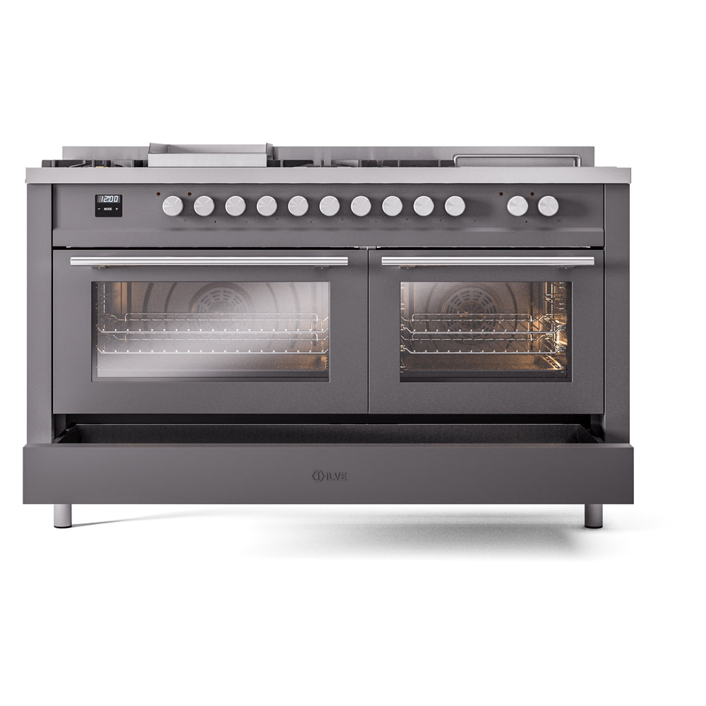 Matte graphite range with two oven doors and illuminated viewing windows