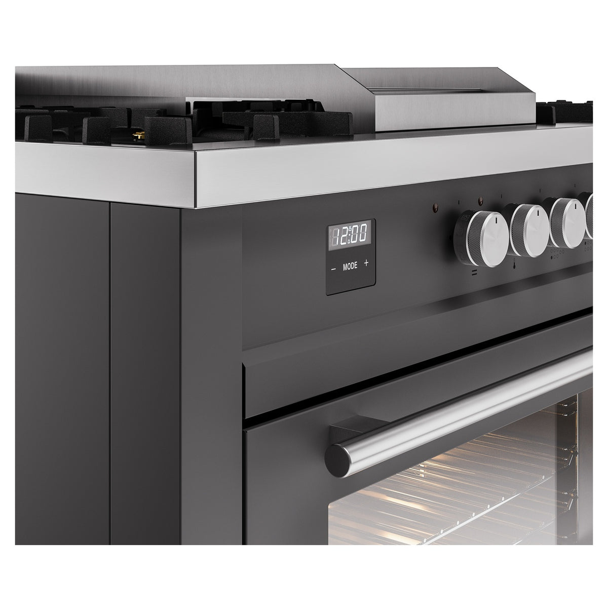 Matte graphite control panel with digital display and round knobs above oven door