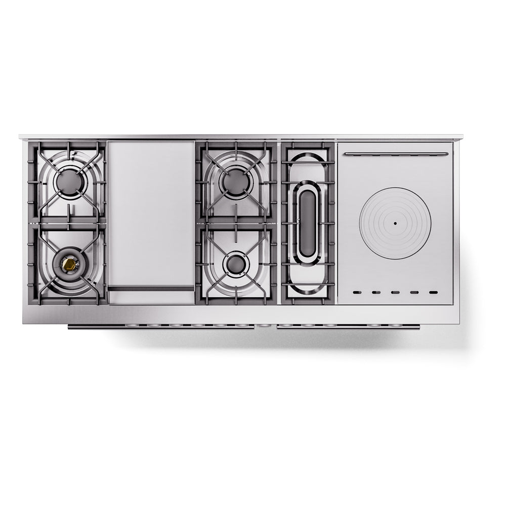 Matte graphite dual fuel range cooktop section with burner grates and circular plate