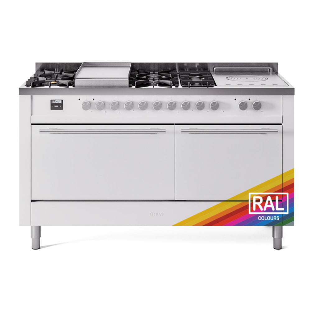 Stainless gas range with griddle, multiple burners, control knobs, and two oven doors