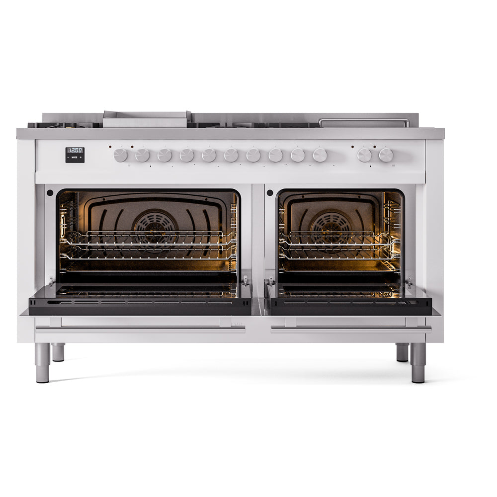 White dual-fuel range with both ovens open, showing interior racks and burners