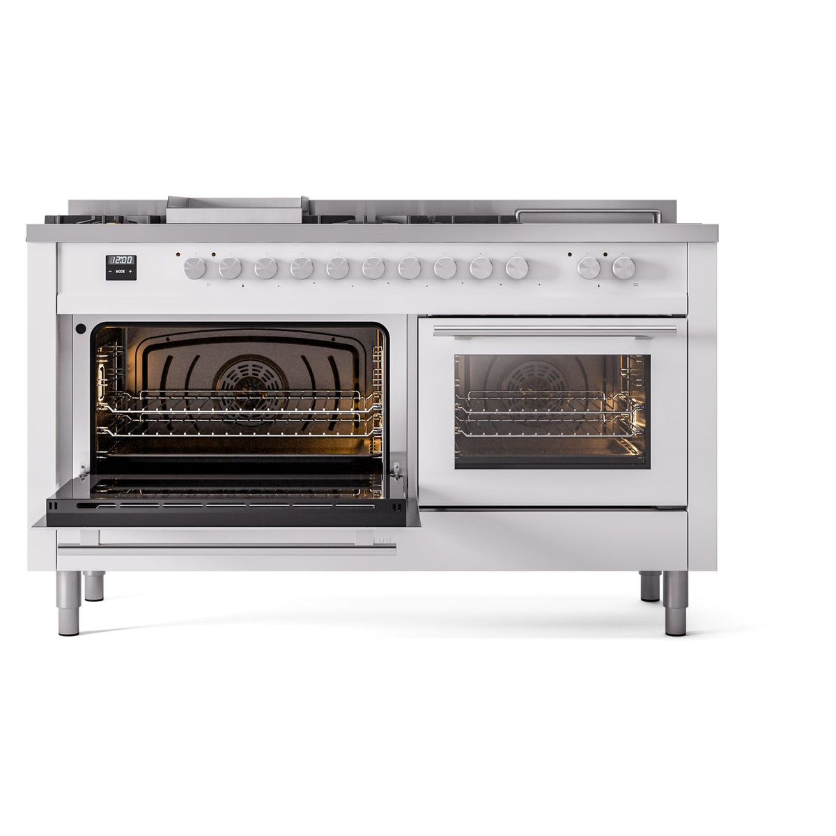 White dual-fuel range with left oven open and right oven closed, burners above
