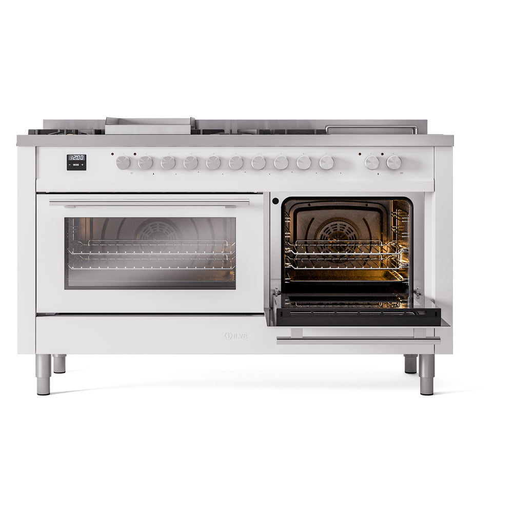 White dual-fuel range with oven door open, displaying heated interior