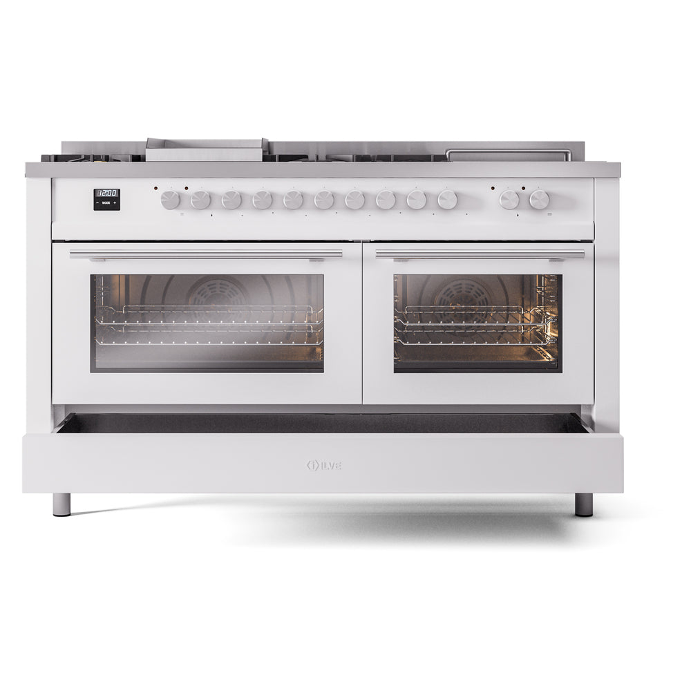 White dual-fuel range with two oven doors and visible interior heating elements