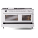 ILVE Professional Plus II 60-Inch Natural Gas Dual Fuel Range with 7 Burners, Griddle, & French Top with Solid Door Oven in White (UP60FSQMPWH)