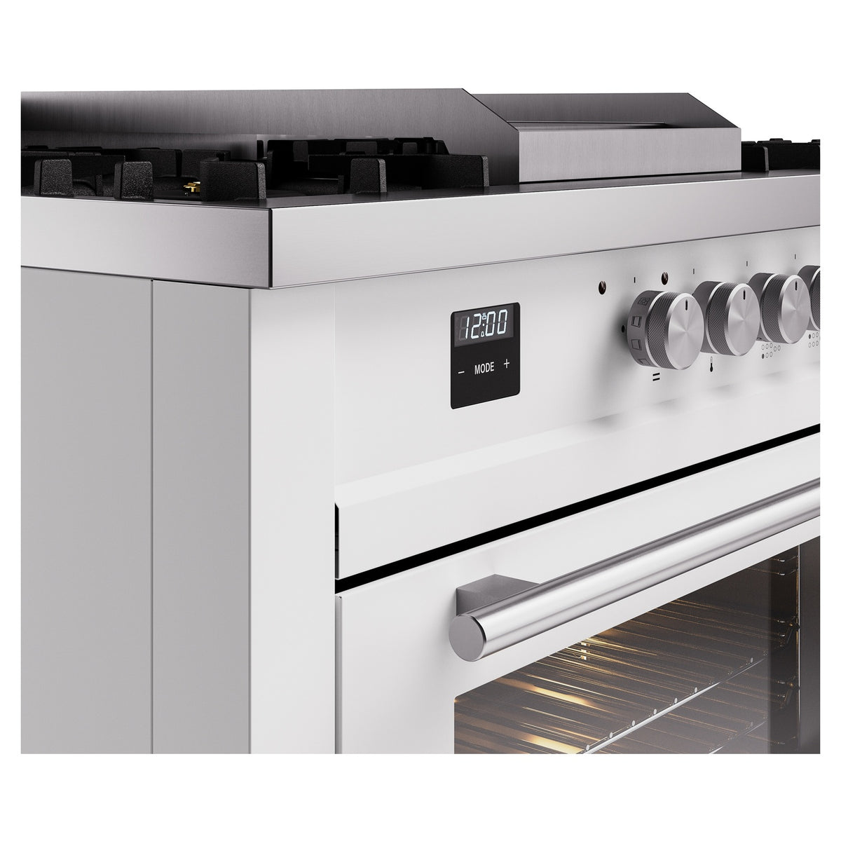 White dual-fuel range side view with digital display and round control knobs