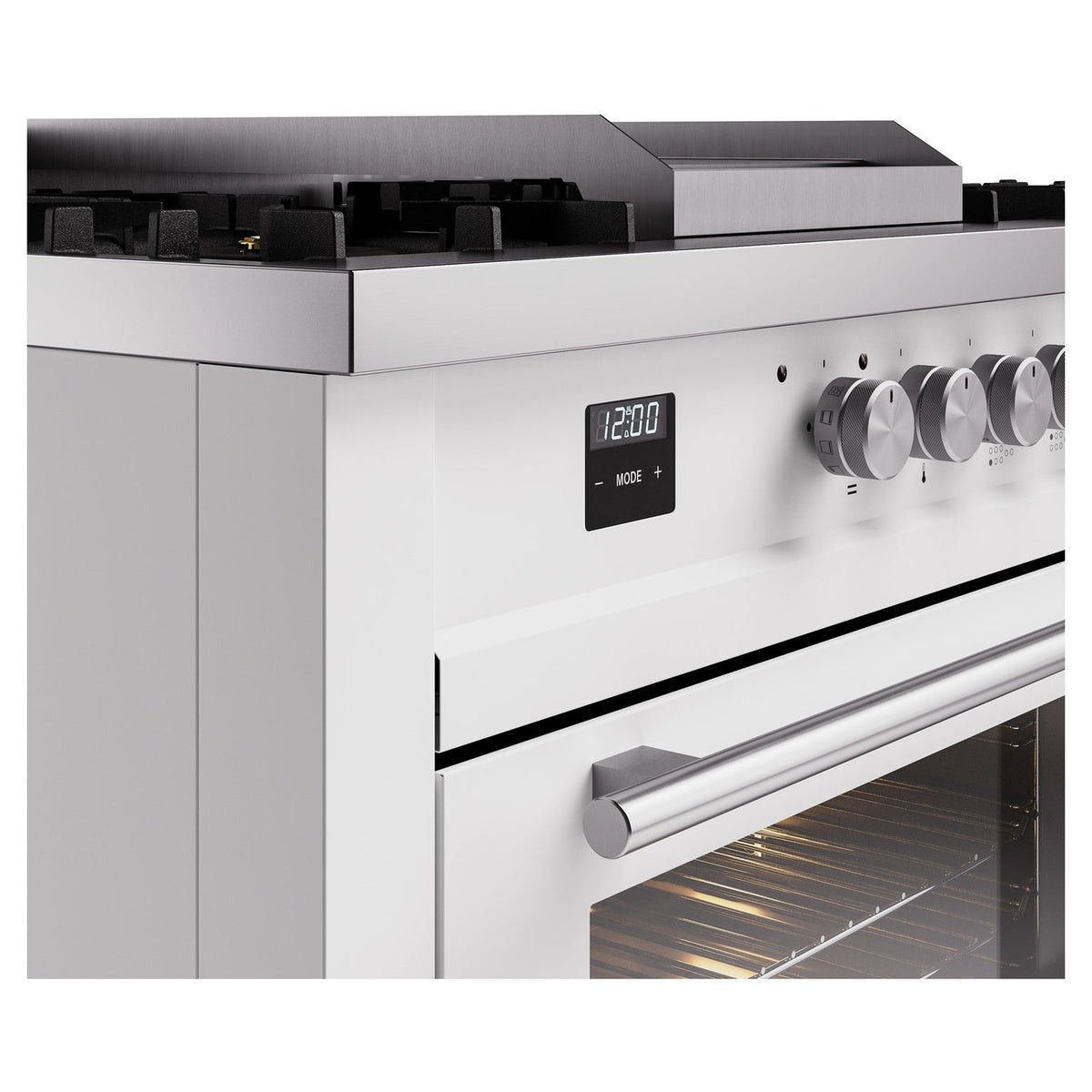 White dual-fuel range control panel with clock display and stainless oven handle