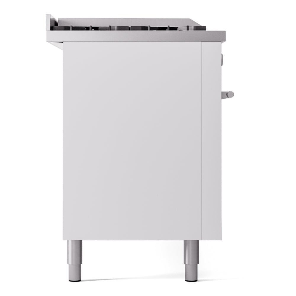 White dual-fuel range side panel with rear service opening and leveling legs