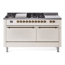 ILVE Nostalgie II 60-Inch Propane Gas Dual Fuel Range with 7 Burners, Griddle, & French Top with Solid Door Oven in Antique White with Bronze Trim (UP60FSQNMPAWBLP)