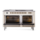 ILVE Nostalgie II 60-Inch Natural Gas Dual Fuel Range with 7 Burners, Griddle, & French Top with Solid Door Oven in Antique White with Bronze Trim (UP60FSQNMPAWB)