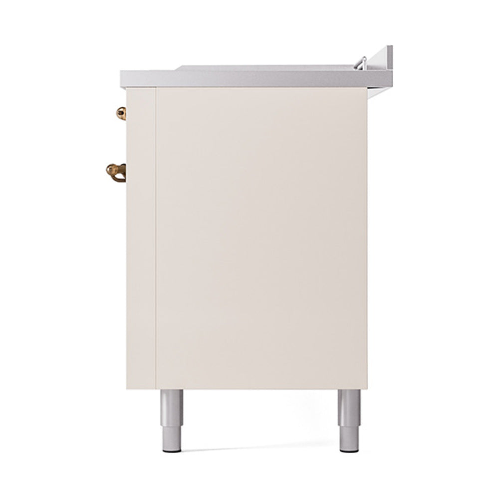 Antique white back panel of a dual fuel range with bronze handles