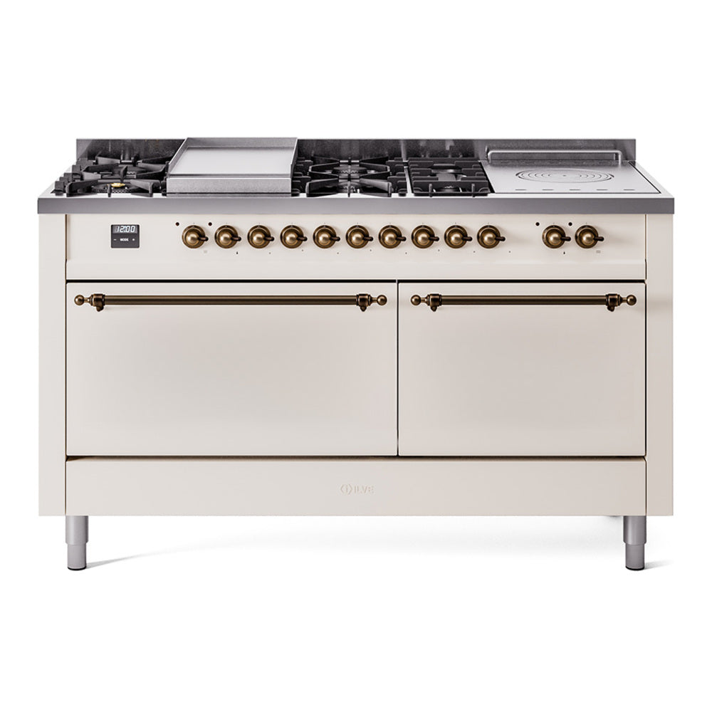 Antique white dual fuel range with bronze knobs and front burners