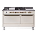 ILVE Nostalgie II 60-Inch Natural Gas Dual Fuel Range with 7 Burners, Griddle, & French Top with Solid Door Oven in Antique White with Bronze Trim (UP60FSQNMPAWB)