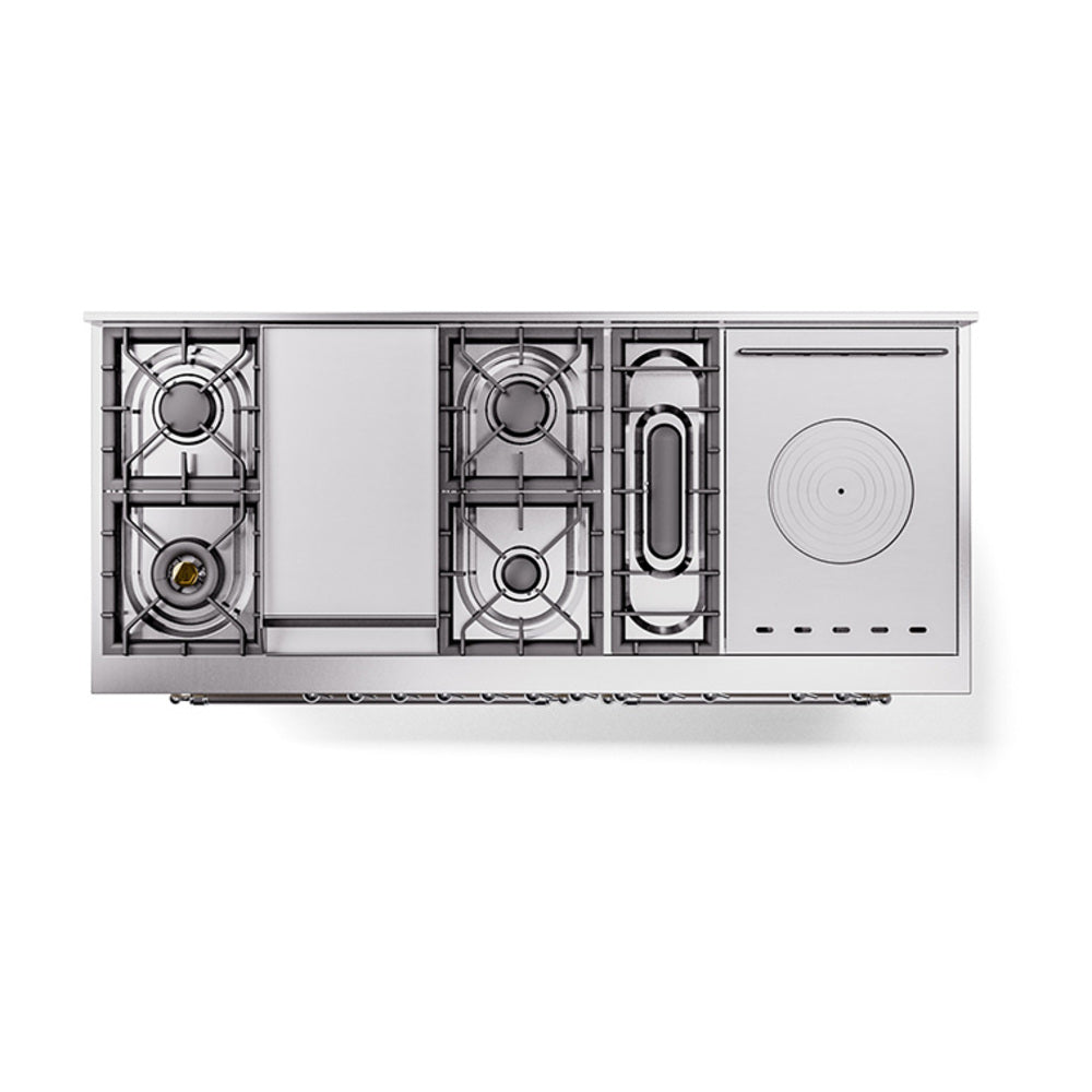 Gas range top view with burner grates, French top section, and chrome controls