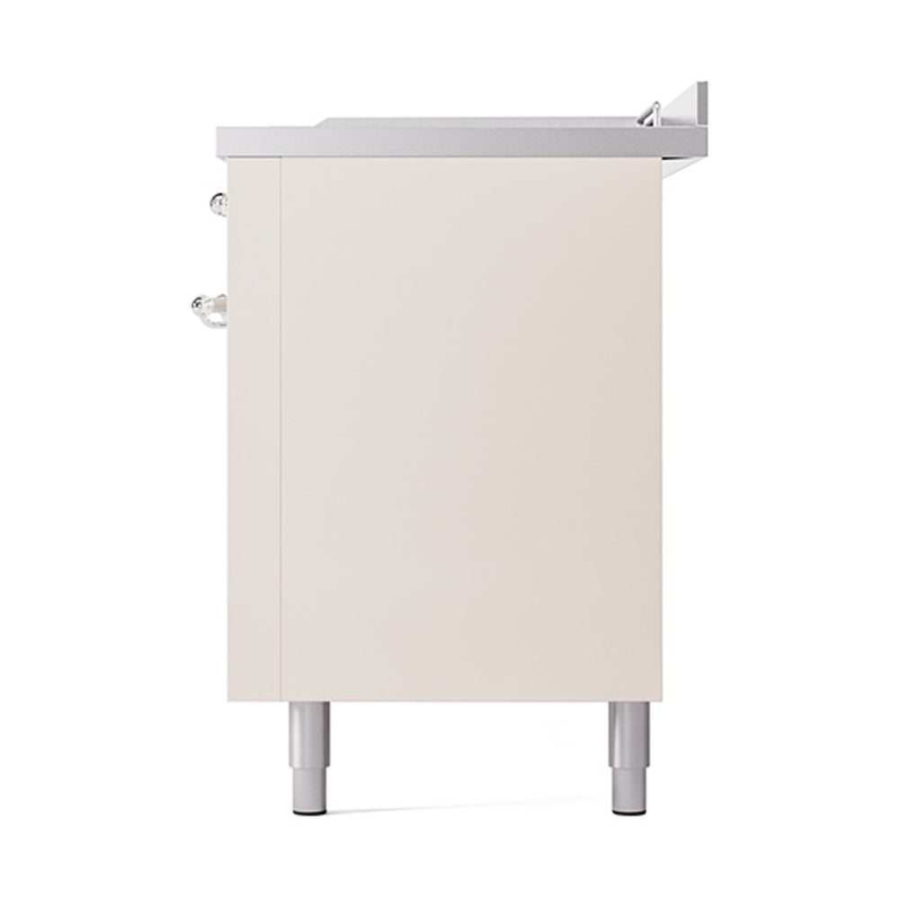 Antique white side panel of a dual fuel range with chrome handle and pedestal legs